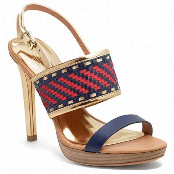 Coach Steffi High Heel Sandals in Red / Navy - Picture 1 of 7